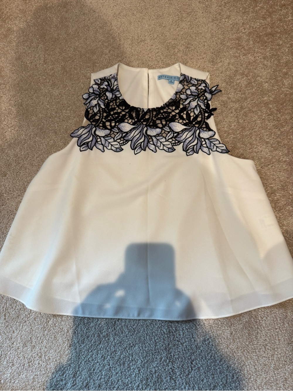 ANTONIO MELANI White Sleeveless Top with Black and Blue Floral Lace
